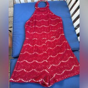 She + Sky Red Lace Halter Jumpsuit Size Large